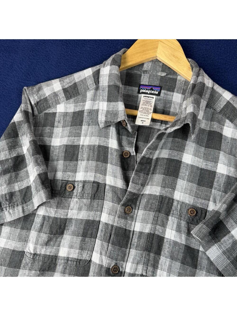 Patagonia Button Up Casual Shirt Mens Grey Plaid Hemp Organic Cotton Size M Hike